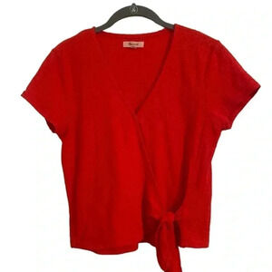 Madewell Textured & Thread Wrap-Tie Red Women Short Sleeve V/Neckline Top Sz S